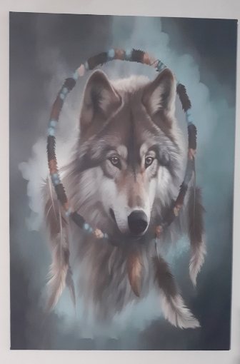 Picture of Wolf with Dreamcatcher with Teal Background