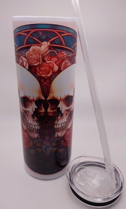 Picture of Skulls two with Blue stained window with pink flowers