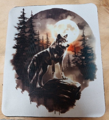 Picture of Wolf at night standing on Rock with Small Moon ( Thin Mouse Pad)