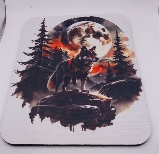 Picture of Wolf at night standing on Rock with Large Moon (Thick Mouse Pad)