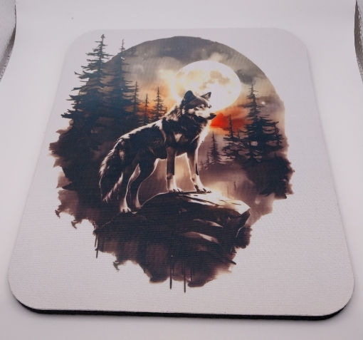 Picture of Wolf at night standing on Rock with Small Moon ( Thick Mouse Pad)