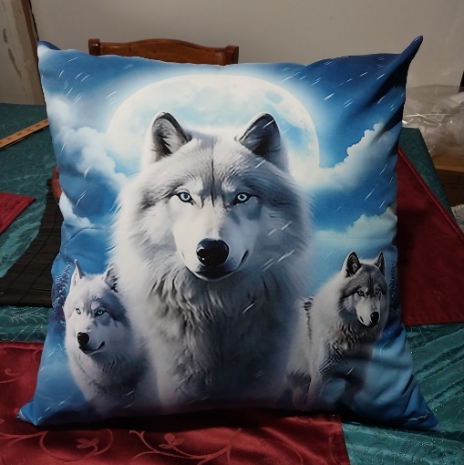 Picture of Gray wolves - Wolf pack of 3 | Blue background with forest and Moon