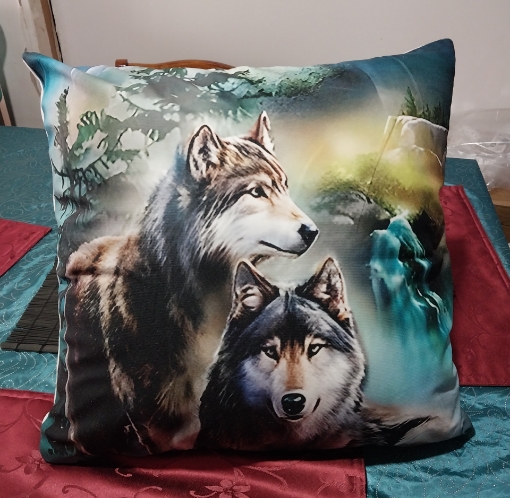 Picture of Two Brown & Gray wolves with stream, Trees and Moon