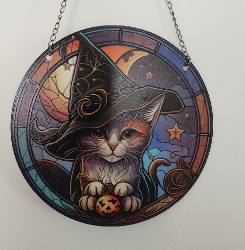 Picture of Cat with witch hat at nite (Sun catcher)